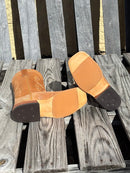 Men's Anderson Bean square toe cowboy boots in Peanut Poseidon goat with tan goat 12" shafts. Bottom view featuring hybrid outsole. 