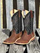 A pair of Anderson Bean 12-inch tan hungry hippo skin boots with black waxy Kansas leather tops. 