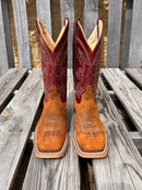 Men's Anderson Bean cowboy boots in Wheatbuck Waxy Kudu skin with a 12" Sangria Kidskin tops. Front view