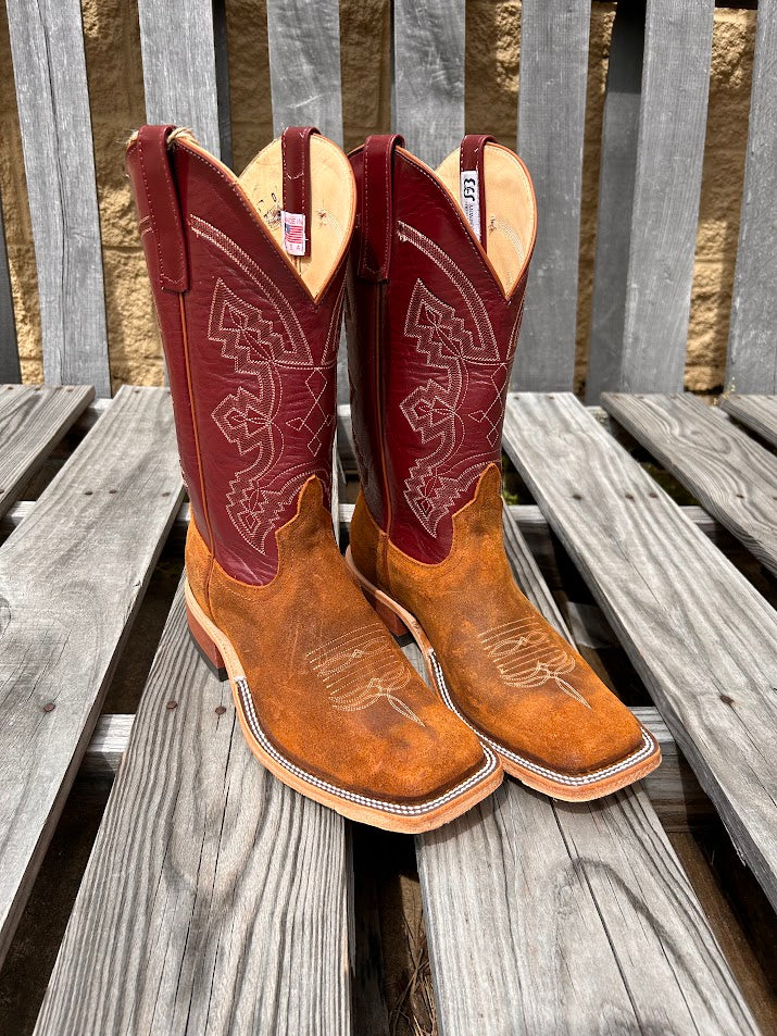 Men's Anderson Bean cowboy boots in Wheatbuck Waxy Kudu skin with a 12" Sangria Kidskin tops.