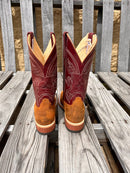 Men's Anderson Bean cowboy boots in Wheatbuck Waxy Kudu skin with a 12" Sangria Kidskin tops. Rear view