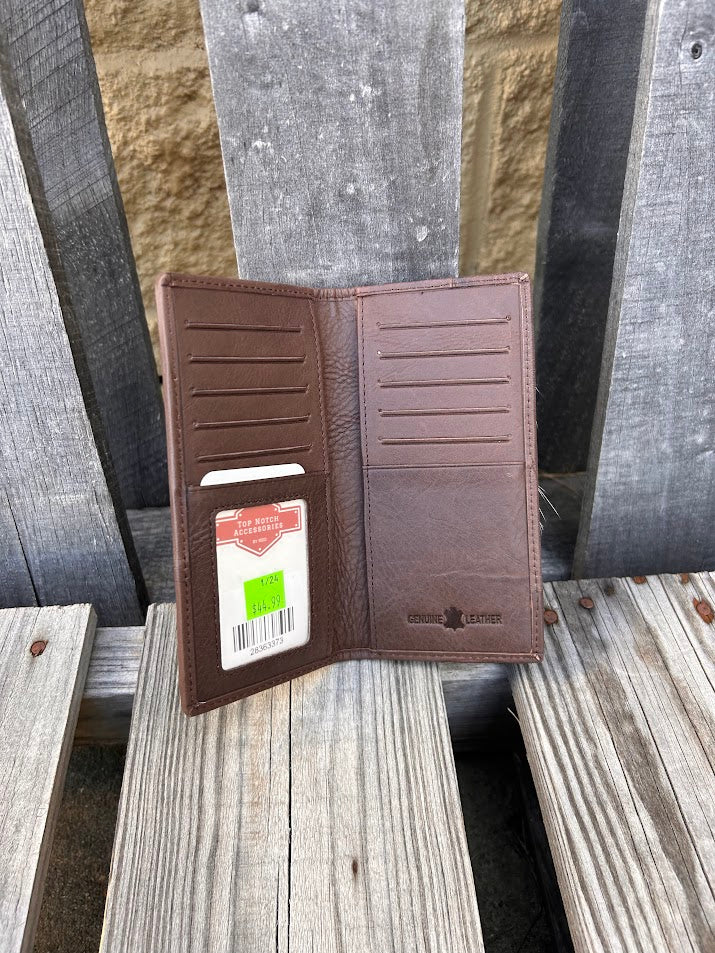 This cowhide leather tall wallet from Top Notch Accessories features 12 card slots and two bill pockets. Inside view showing multiple card and cash slots. 