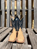 Men's Anderson Bean square toe cowboy boots in Umber Bruciato Elephant skin and a 12" Regal Blue Kidskin tops. Front View