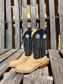Men's Anderson Bean square toe cowboy boots in Umber Bruciato Elephant skin and a 12" Regal Blue Kidskin tops. Side view featuring both pull holes and pull straps. 