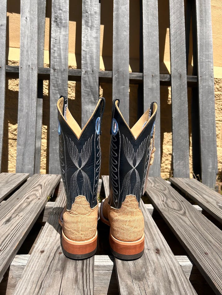 Men's Anderson Bean square toe cowboy boots in Umber Bruciato Elephant skin and a 12" Regal Blue Kidskin tops. Rear View