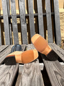 Men's Anderson Bean square toe cowboy boots in Umber Bruciato Elephant skin and a 12" Regal Blue Kidskin tops. Bottom view showing the tan hybrid outsole. 