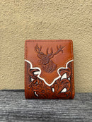 A Light Brown leather bifold wallet with beige inlay design featuring a embossed buck design.  Front View