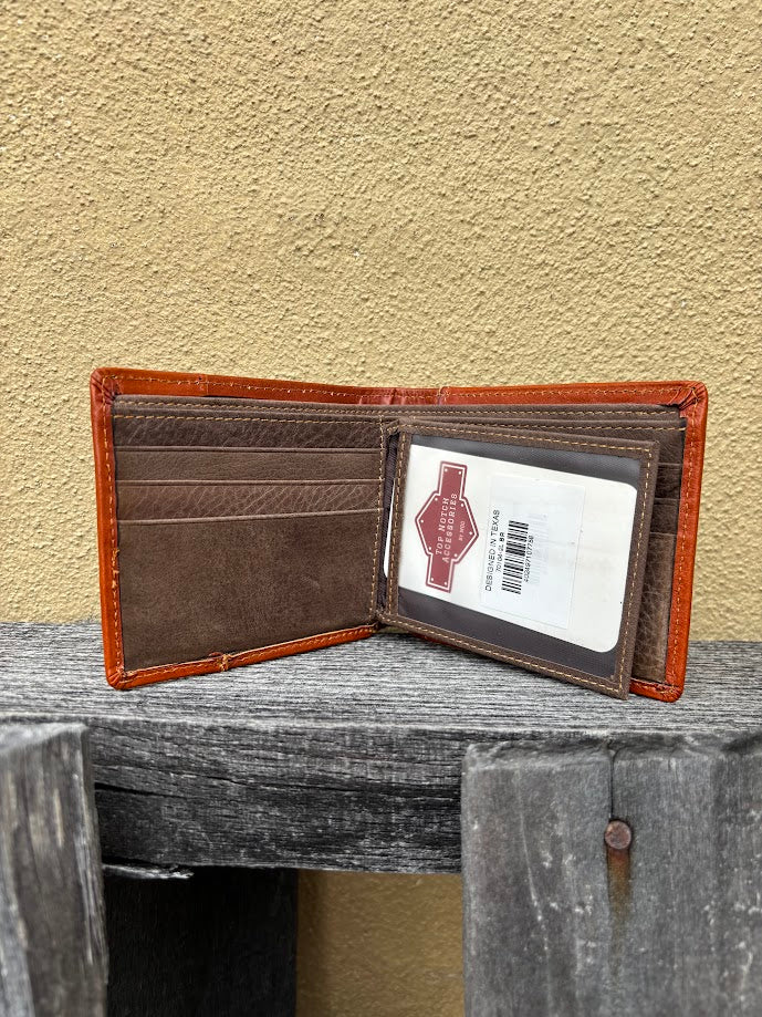 A Light Brown leather bifold wallet with beige inlay design featuring a embossed buck design.  Inside view showing multiple card slots and dual ID window. 