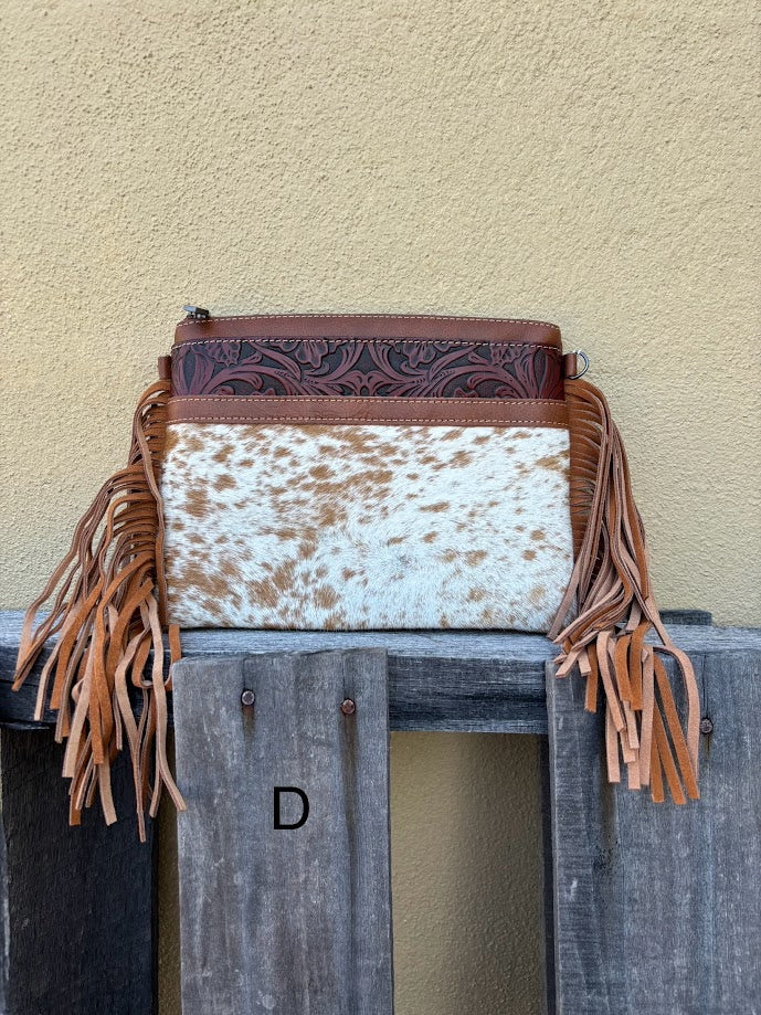 Brown leather and cowhide crossbody bag with side fringe. Front View D