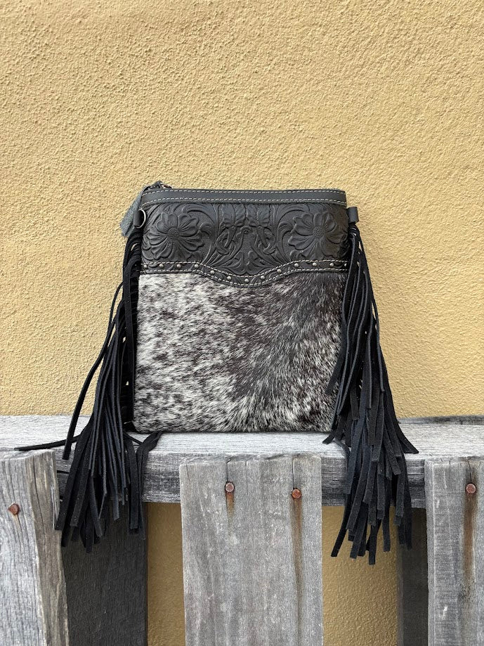 Top Notch Accessories 3016BK Betty Cowhide Crossbody Fringe Purse In Black