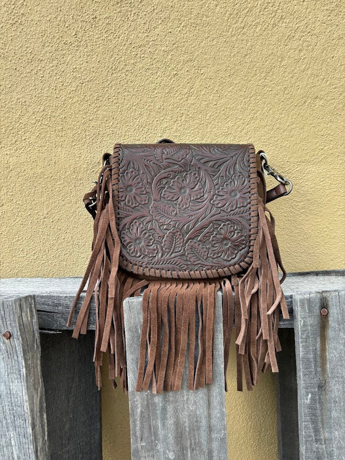 Top Notch Accessories 6001CF Coffee Tooled Leather Small Fringe Crossbody