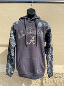Colosseum Athletics University of Alabama hoodie in Pavement/Heather Camo. This hoodie support the Operation Hat Trick foundation and has patches on the sleeves and near the front pouch pocket. Full front view shown on mannequin. 