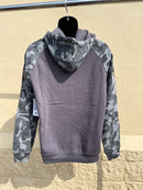 Colosseum Athletics Louisiana State University hoodie in Pavement/Heather Camo. This hoodie support the Operation Hat Trick foundation and has patches on the sleeves and near the front pouch pocket. Rear View