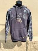 Colosseum Athletics Louisiana State University hoodie in Pavement/Heather Camo. This hoodie support the Operation Hat Trick foundation and has patches on the sleeves and near the front pouch pocket. Full front view shown on mannequin. 