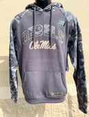 Colosseum Athletics Louisiana State University hoodie in Pavement/Heather Camo. This hoodie support the Operation Hat Trick foundation and has patches on the sleeves and near the front pouch pocket. Full front view shown on mannequin. 