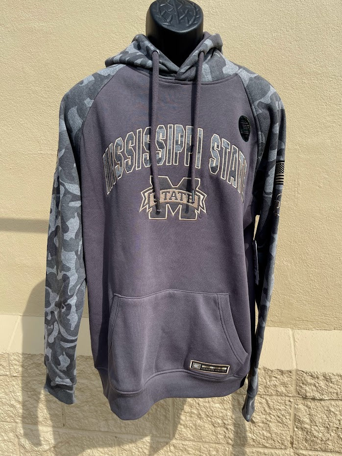 Colosseum Athletics Mississippi State University hoodie in Pavement/Heather Camo. This hoodie support the Operation Hat Trick foundation and has patches on the sleeves and near the front pouch pocket. Full front view shown on mannequin. 