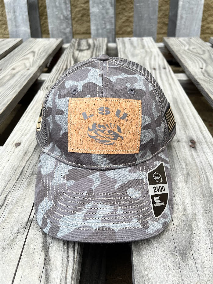 Colosseum Athletics Heather Camo snapback cap with a Louisiana State University "LSU" logo with a Tiger eye cork patch on the front.