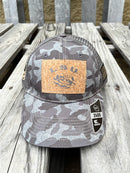 Colosseum Athletics Heather Camo snapback cap with a Louisiana State University "LSU" logo with a Tiger eye cork patch on the front.