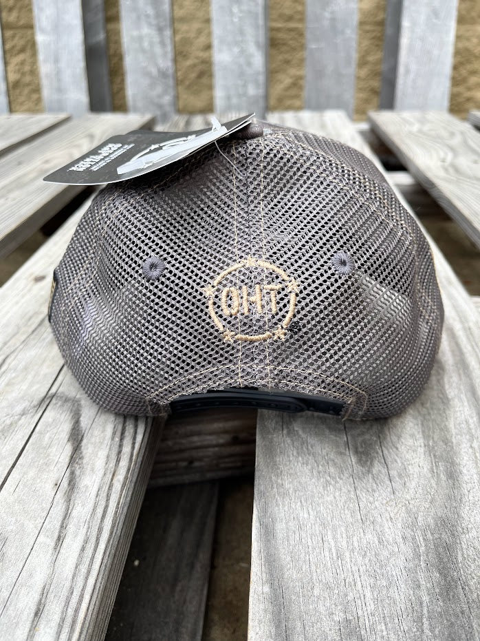 Colosseum Athletics Heather Camo snapback cap with a Mississippi State University logo cork patch on the front. Rear view showing OHT embroidery. 