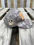 Colosseum Athletics Heather Camo snapback cap with a Louisiana State University "LSU" logo with a Tiger eye cork patch on the front. Side view