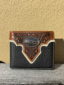 Black leather bifold wallet with Brown overlay and a Praying Cowboy Concho. Front View