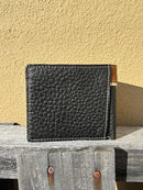 Black leather bifold wallet with Brown overlay and a Praying Cowboy Concho.   Rear view showing additional card slot. 