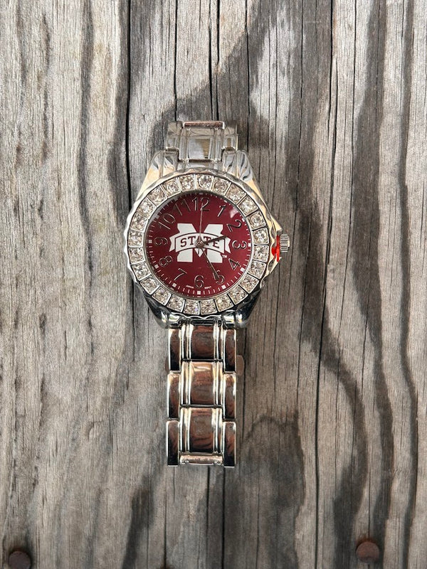 Mississippi State University Small Crystal Face with Metal Band Watch