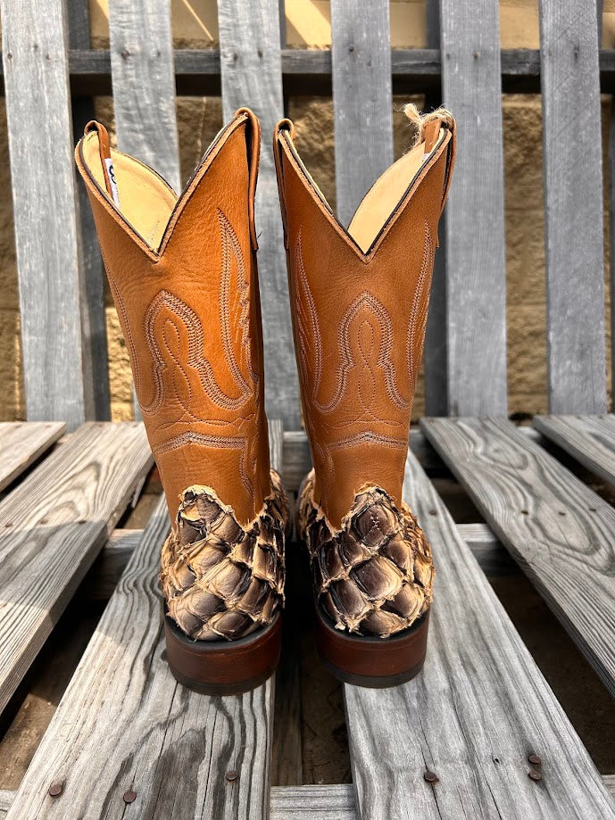 Men's Anderson Bean 12-inch shaft tan lines big bass square toe cowboy boots. Rear view