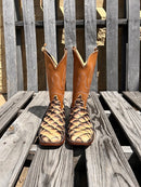 Men's Anderson Bean 12-inch shaft tan lines big bass square toe cowboy boots. Front view 