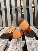 Men's Anderson Bean 12-inch shaft tan lines big bass square toe cowboy boots. Bottom view showing the hybrid outsole. 