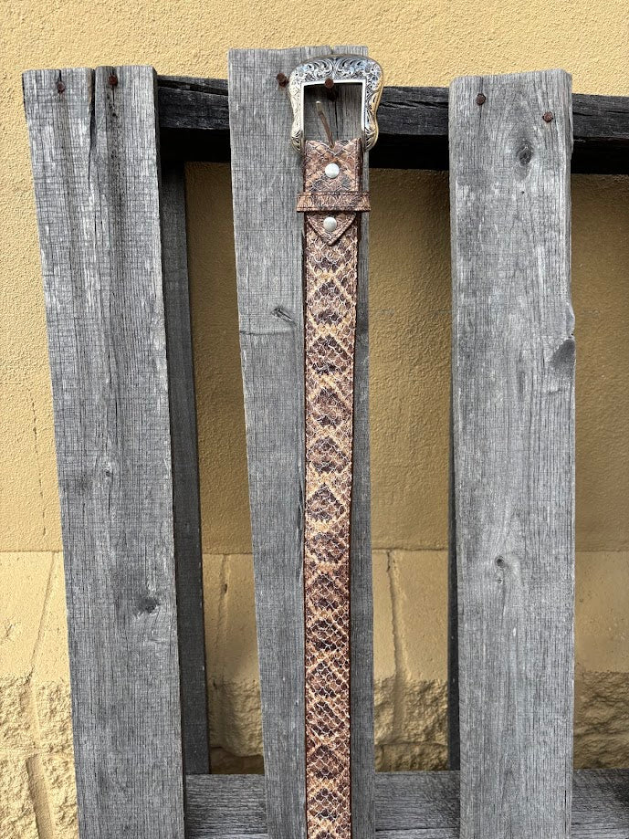Natural rattlesnake print belt showing removable buckle and keeper.