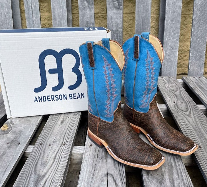 Men's Anderson Bean cowboy boots in cognac Cape Safari Buffalo, these boots have a square toe. 