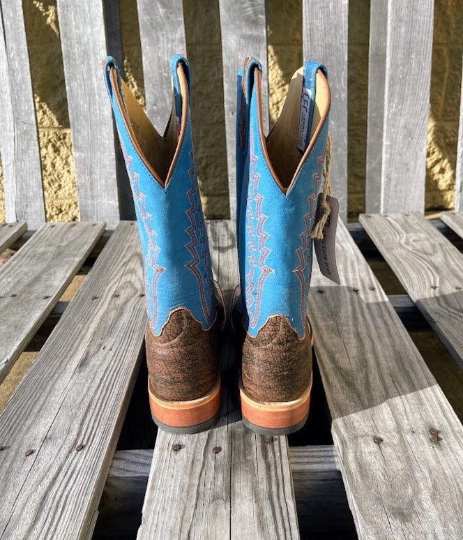 Men's Anderson Bean cowboy boots in cognac Cape Safari Buffalo, these boots have a square toe. Rear View