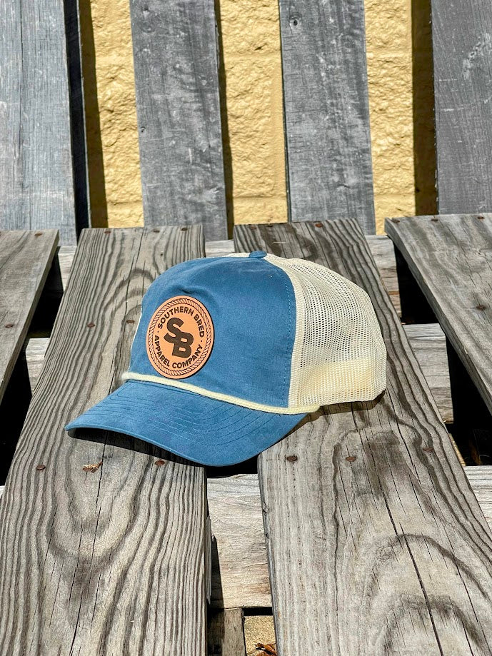 Southern Bred Cattle Company Logo Natural Leather Patch Richardson 939 Snap Back Cap Legion Blue