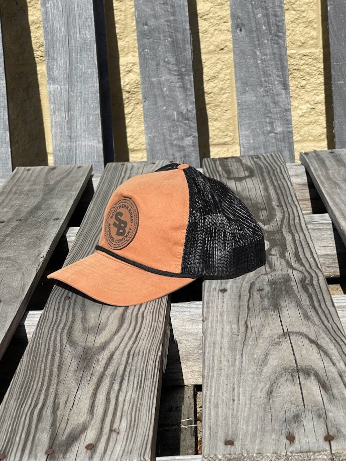 Southern Bred Apparel Company Logo Caramel Leather Patch Richardson 939 Snap Back Cap Toast/Black