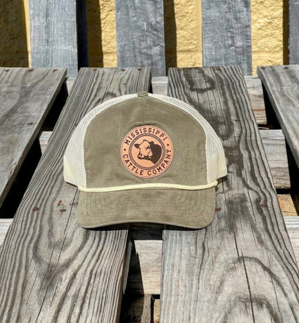 Mississippi Cattle Company "MCC #11" Natural Leather Patch Richardson 939 Washed Cotton 5 Braided Panel Mesh Snap Back Cap Light Loden/Sand