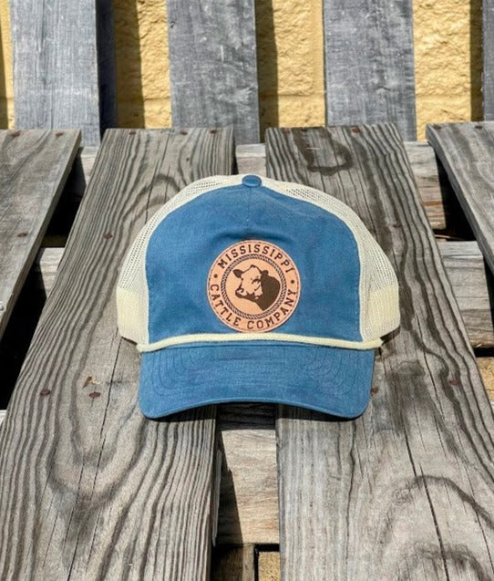 Mississippi Cattle Company "MCC #11" Natural Leather Patch Richardson 939 Washed Cotton 5 Braided Panel Mesh Snap Back Cap Legion Blue
