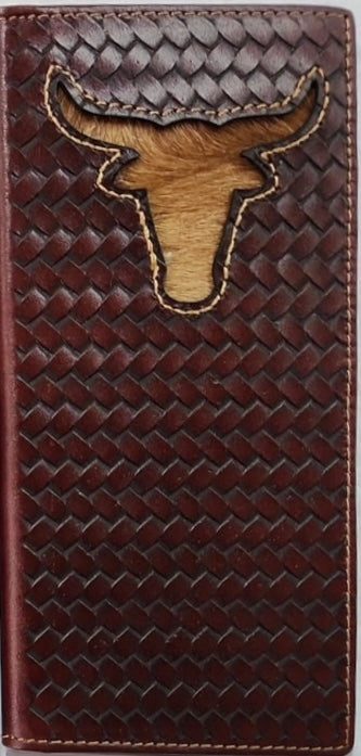 Top Notch Accessories 60106-2BR Brown Basketweave w/Longhorn Hair-On Inlay Wallet