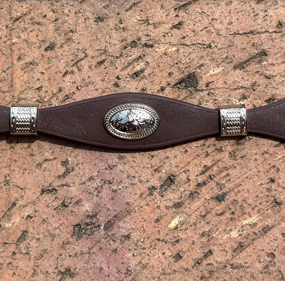 Coffee Brown leather hat band with Horse Head Concho and silver bands separating Conchos. 