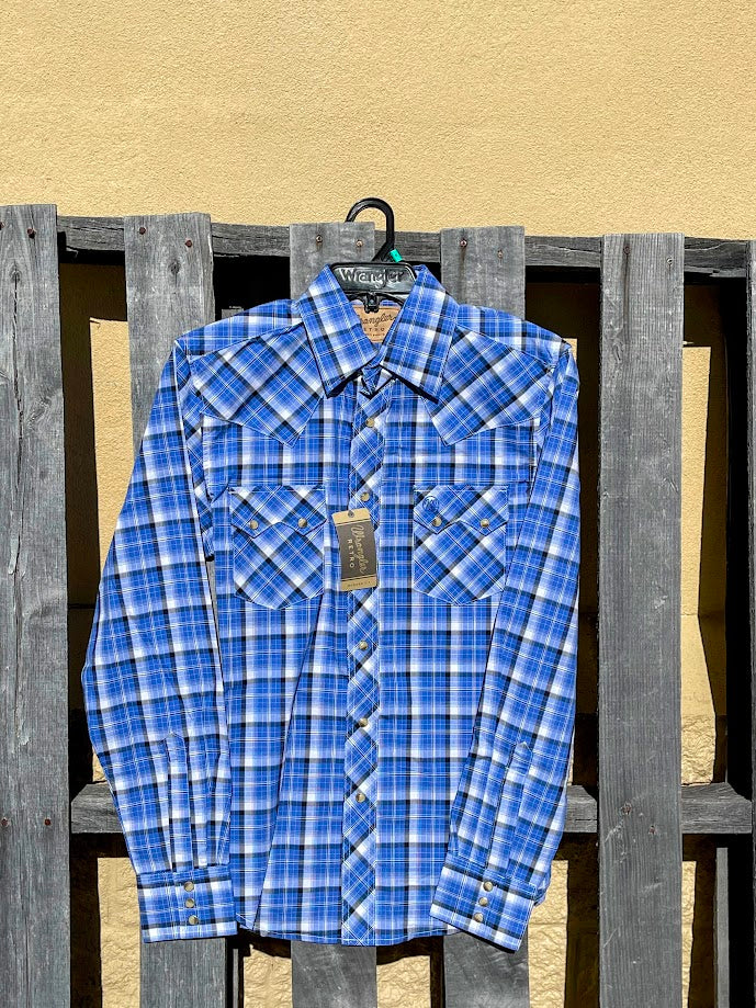 Men's Wrangler Retro® 112344303 Blue Plaid Long Sleeve Pearl Snap Shirt