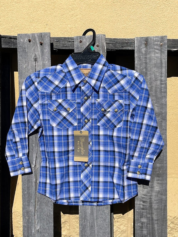 Boy's Wrangler 112344306 Retro Blue Plaid Western Snap Long Sleeve Shirt