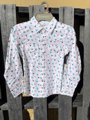 Girl's Ariat long sleeve pearl snap Western Style shirt. This shirt is white with a steer head outlines and cactus print. Front view showing two chest pockets with pearl snap closures. 
