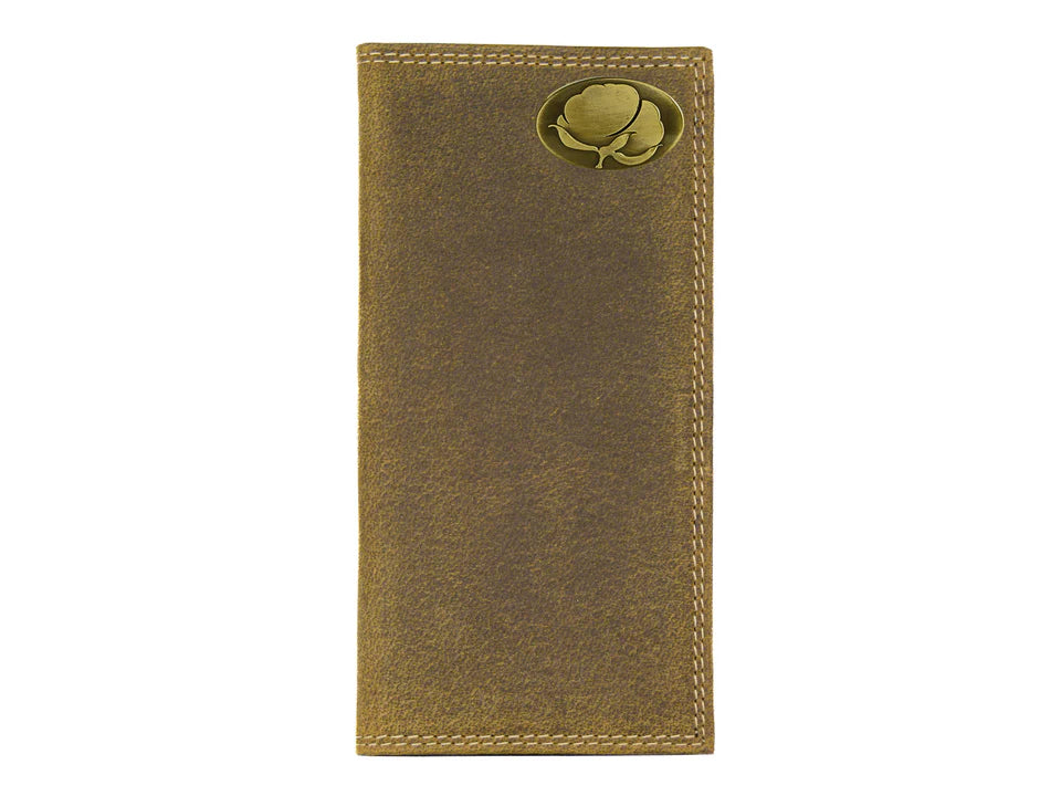 Zep Pro Cotton Boll Concho Vintage Tan Leather Tall Wallet is constructed of full grain leather with a vintage tan finish and features the Cotton Boll metal logo, proudly displayed on the front upper right corner. Front view