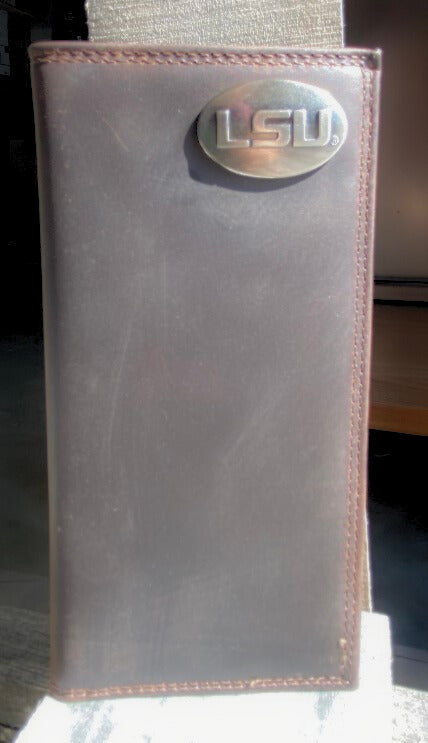 Zep Pro LSU Brass Concho on Brown “Crazy Horse” Leather Tall Wallet. Front view