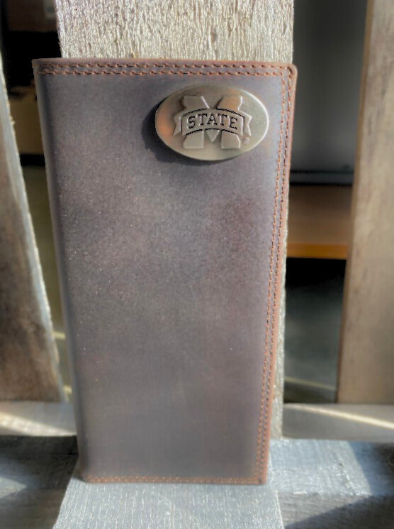 Zep-Pro Mississippi State University "M State" Brass Concho Brown “Crazy Horse” Leather Tall Wallet. Front view