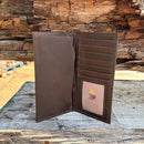 Zep-Pro University of Georgia Bulldogs Brown “Crazy Horse” Leather Tall Wallet. inside view showing 6 interior credit card slots
1 ID window
1 plastic (6 card) insert
2 bill/cash compartment