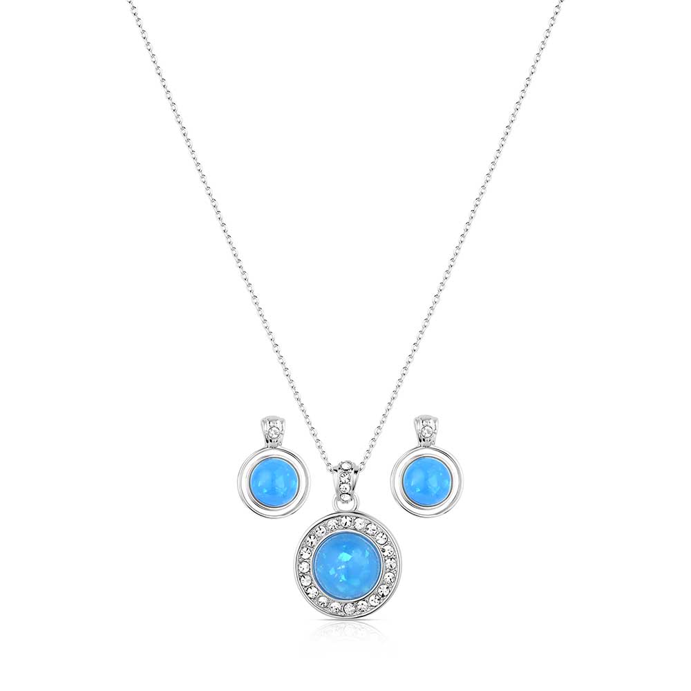 Silver  necklace crafted Opal stone with a circle of cubic zirconia crystals with matching earrings. 