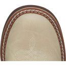 A toe view of a beige Justin Brand cowboy boot with brown accents on a white background.