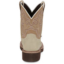 A back view of a beige Justin Brand cowboy boot with brown accents on a white background.