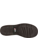 A outside view of a beige Justin Brand cowboy boot with brown accents on a white background.